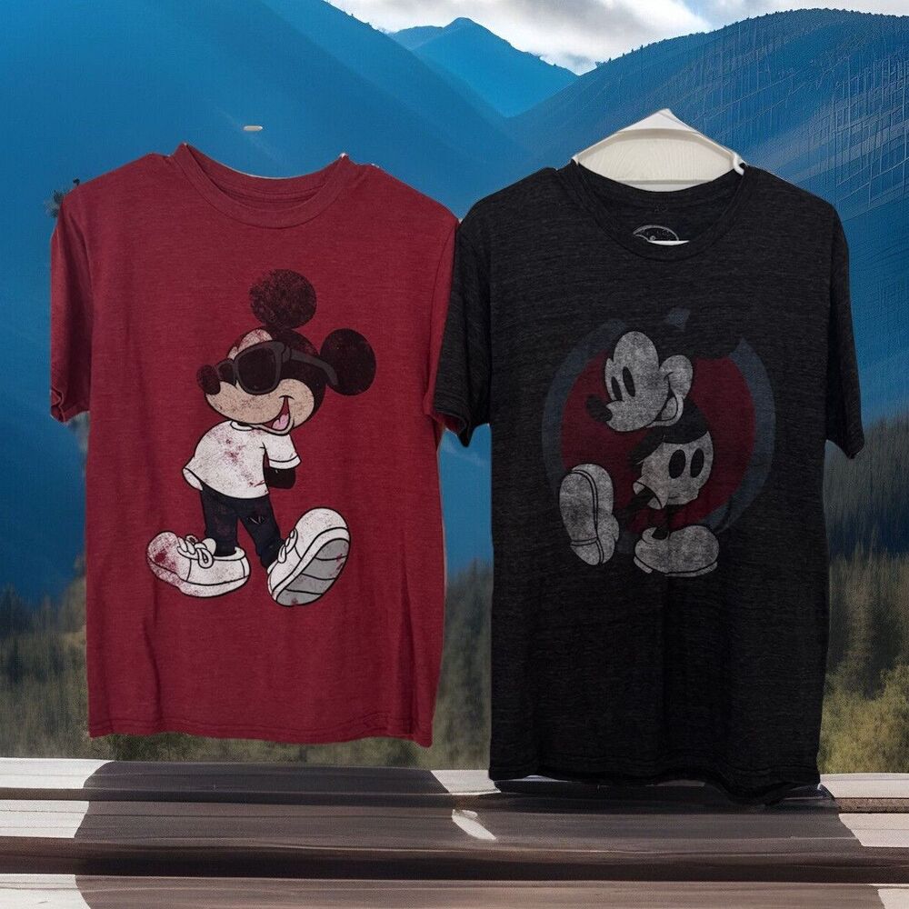2* Disney Retro Mickey Mouse Graphic Tee Shirt Grey‎ Sz S+M Lot